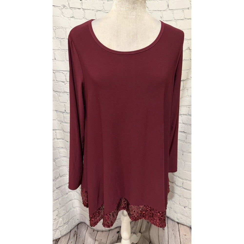 Nina Leonard burgundy long-sleeve top features sequin Embellished Hem Size M